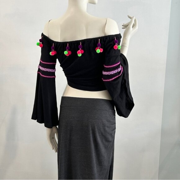 Pitusa Stretch Cotton OTS Peasant Blouse with Dingle Balls - Picture 3 of 15